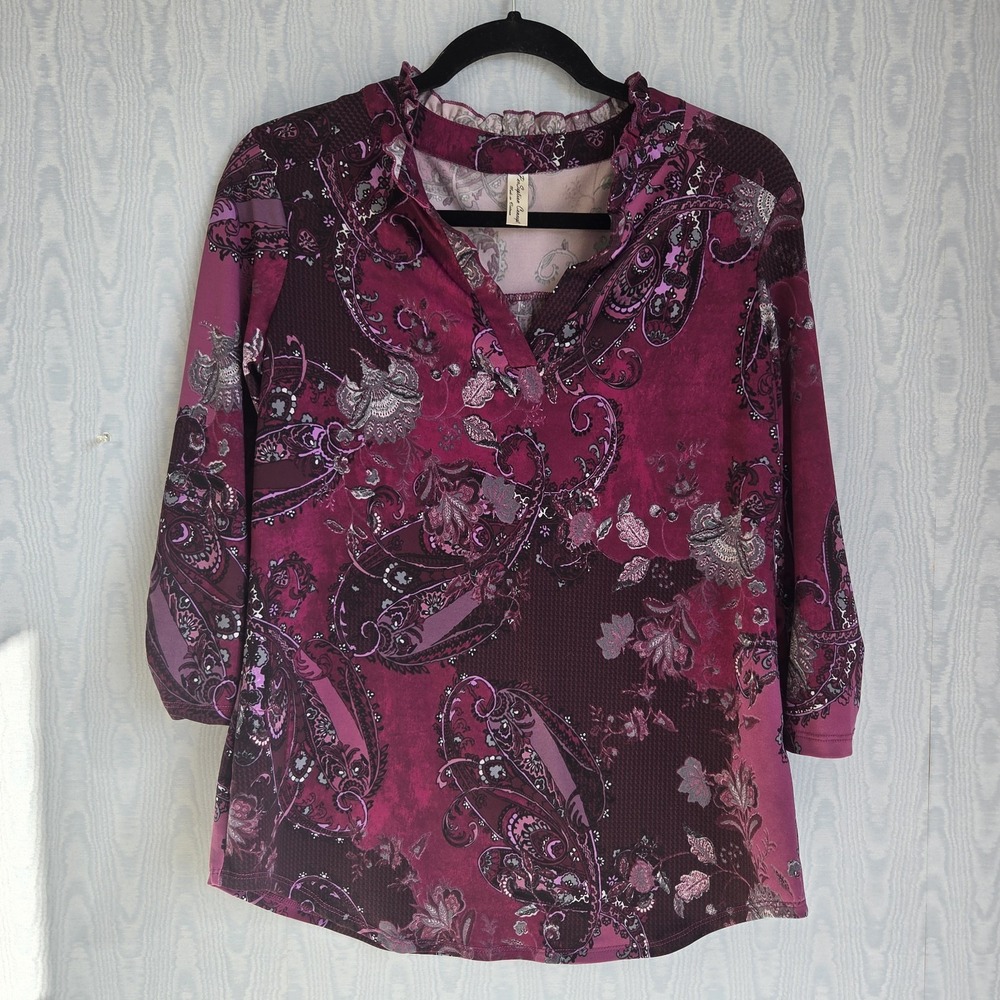 PerSeption Top Women S Purple Fuchsia Paisley 3/4β Sleeve Knit Witchy Whimsigoth